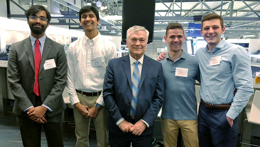 LionPad team members: Nikhil Nayyar, Ishan Muzumdar, Neil Ashtekar and Jack Mentch with Penn State President Eric Barron.